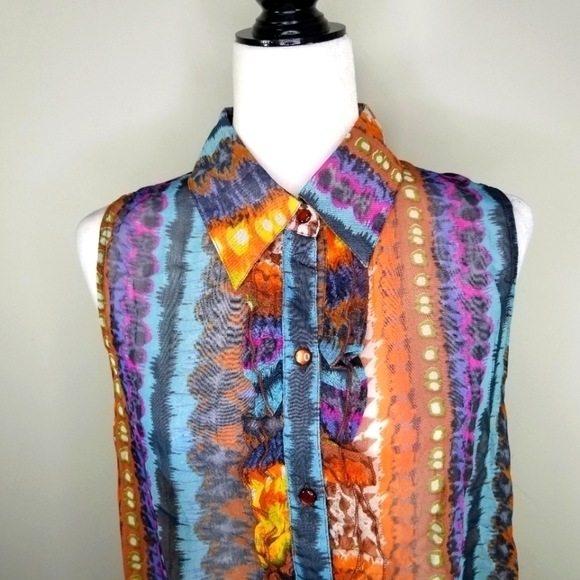 Papa Vancouver Women's Cut Off Shoulder All Over Print Button Up Blouse Size L - Picture 2 of 10